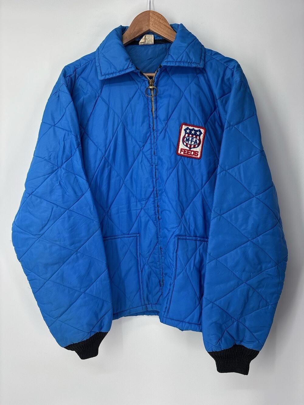 Vintage Blue Farm MFA Feeds Patch Quilted Jacket Workwear Coat Large
